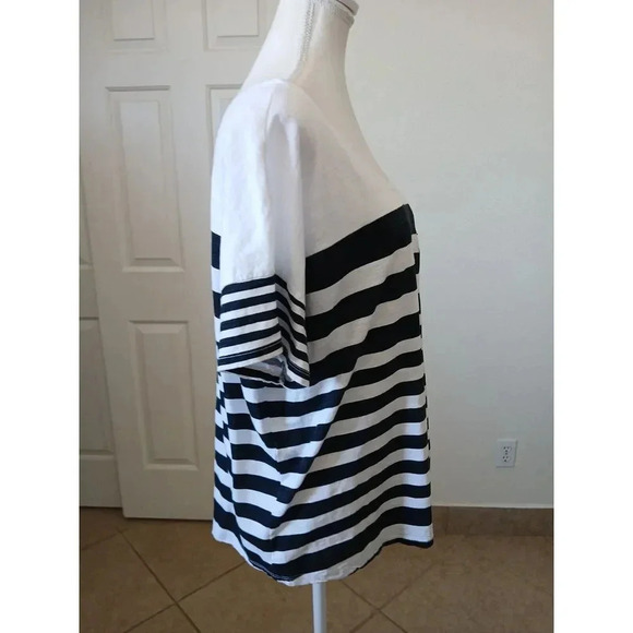 Level Eigth Womens Top Size Large Striped White Navy Scoop Neck Short Sleeve - Picture 2 of 14
